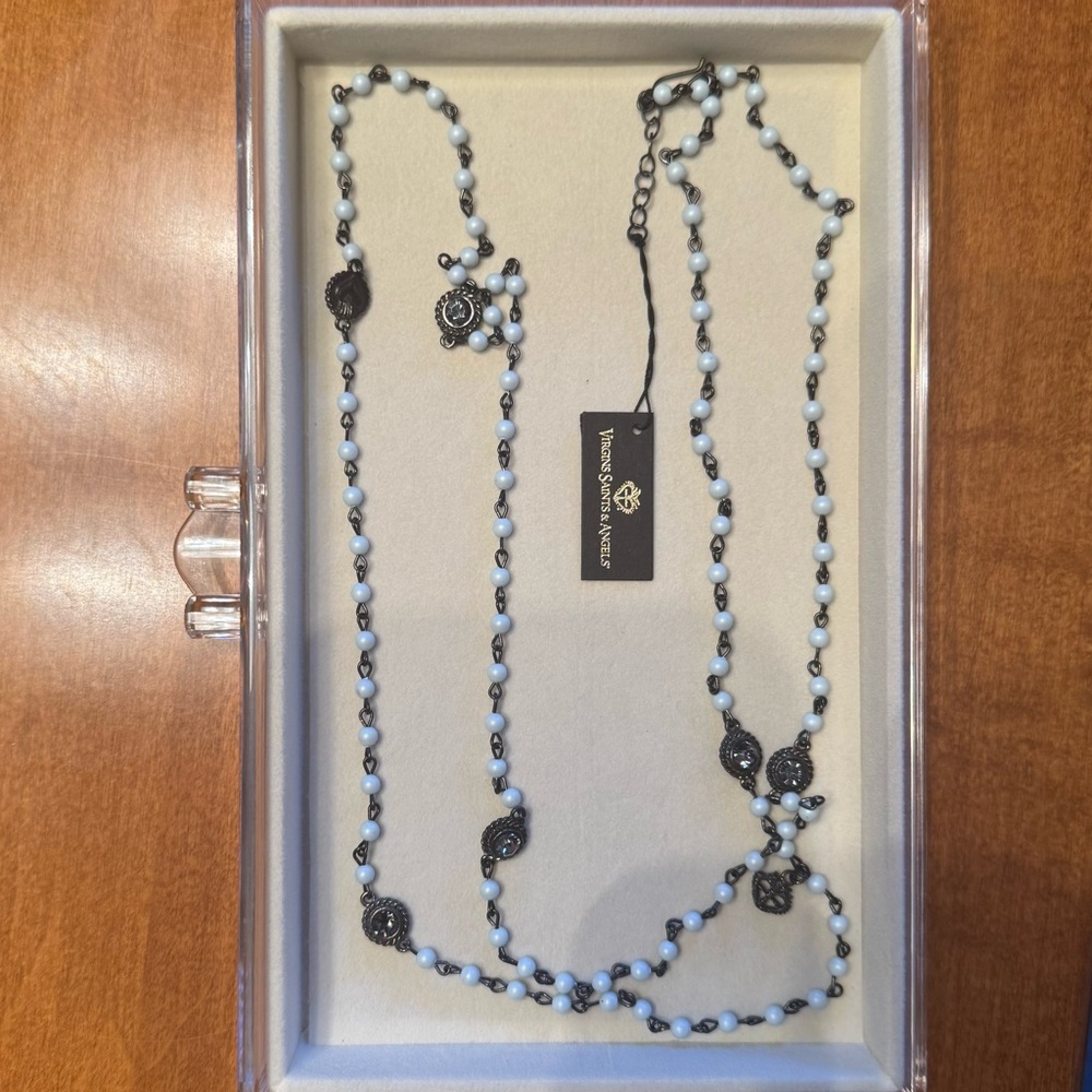VSA Virgins Saints & Angels Magdalena + Wrap Necklace Set Pale Blue Gunmetal NWT - Picture 5 of 10